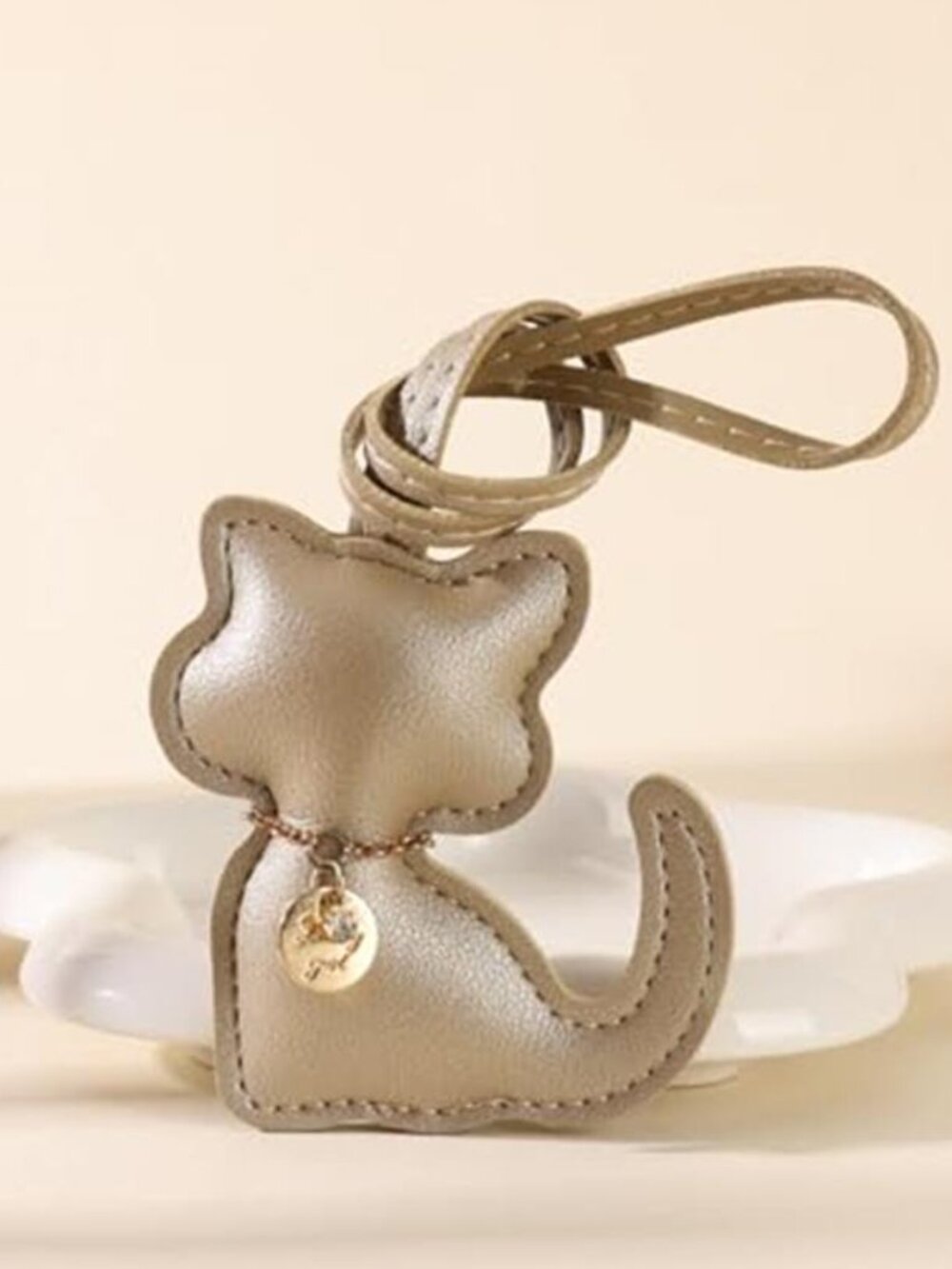Gold Cat Vegan Leather Bag Charm Rhinestone Purse Keychain Handbag Accessory